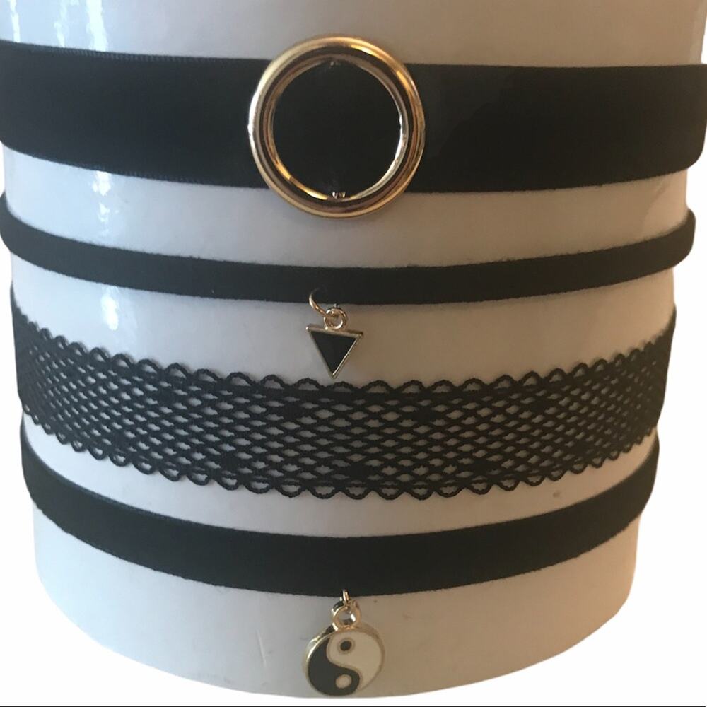 4 Black Chokers Gold Hardware Adjustable Size